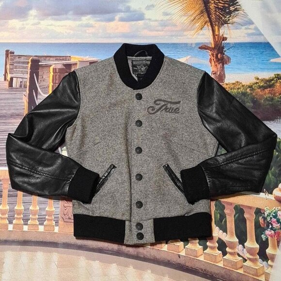 True Religion Black Gray Bomber Jacket Size XS - Picture 2 of 9